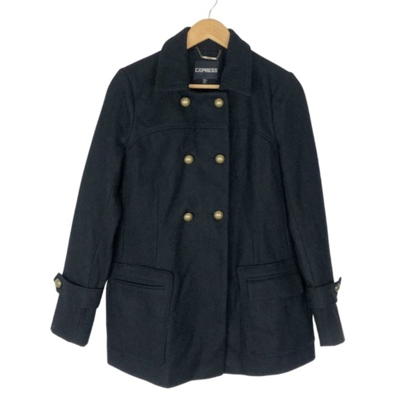 Express Women’s Black Rectangular Wool Blend Winter Cold Weather Preppy Pea Coat - Picture 1 of 16
